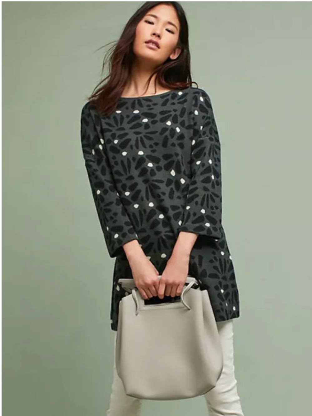 Anthropologie Field Flower Sarina Knit Floral Tunic Pullover Sweater Green Med